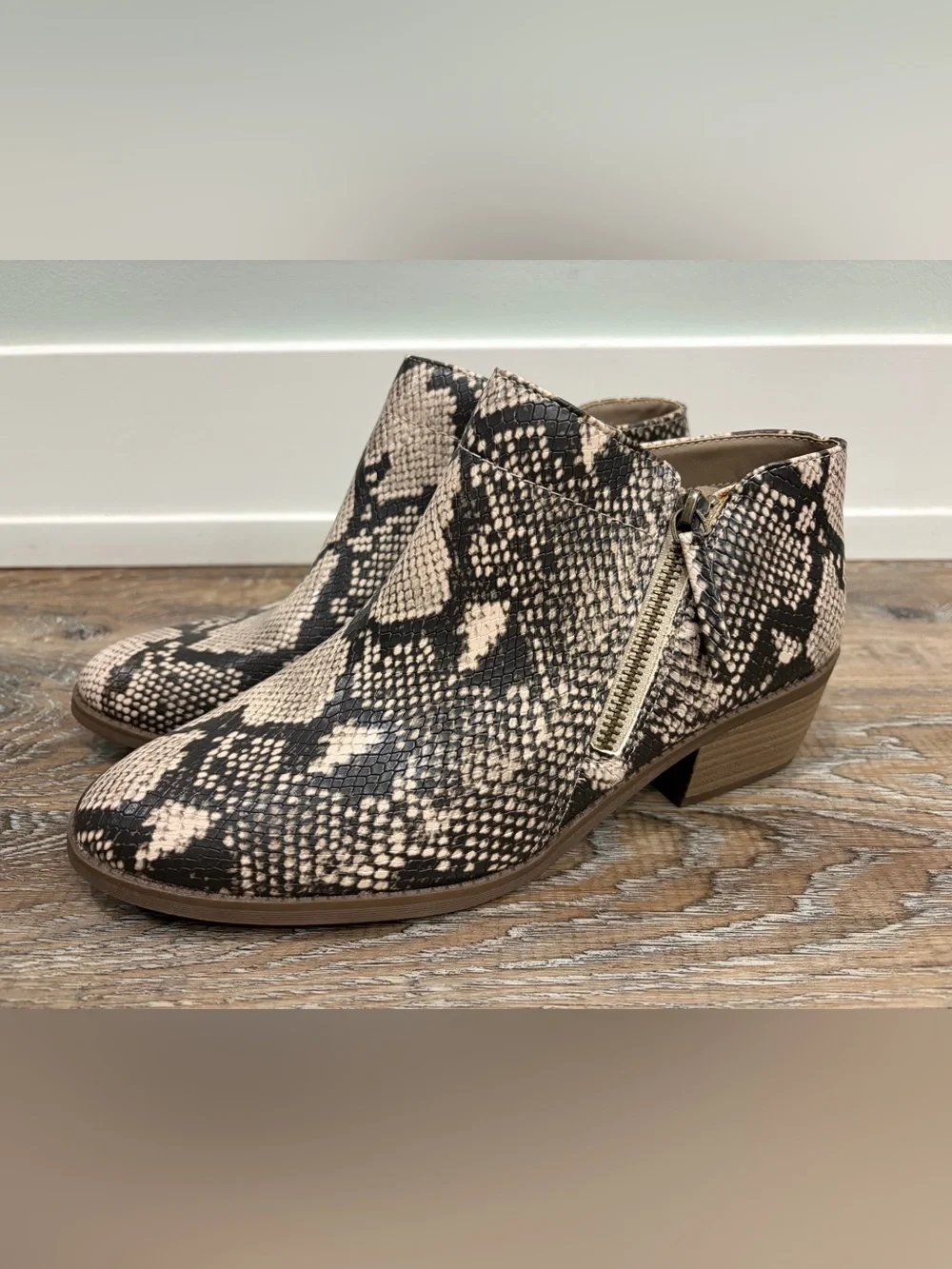 Women's Snake Print Ankle Booties in Beige/Black, Size 10
